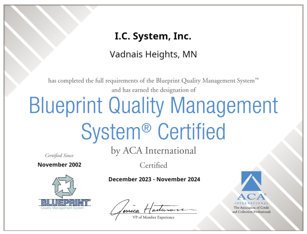 IC System ACA Certification of Blueprint Quality Management System